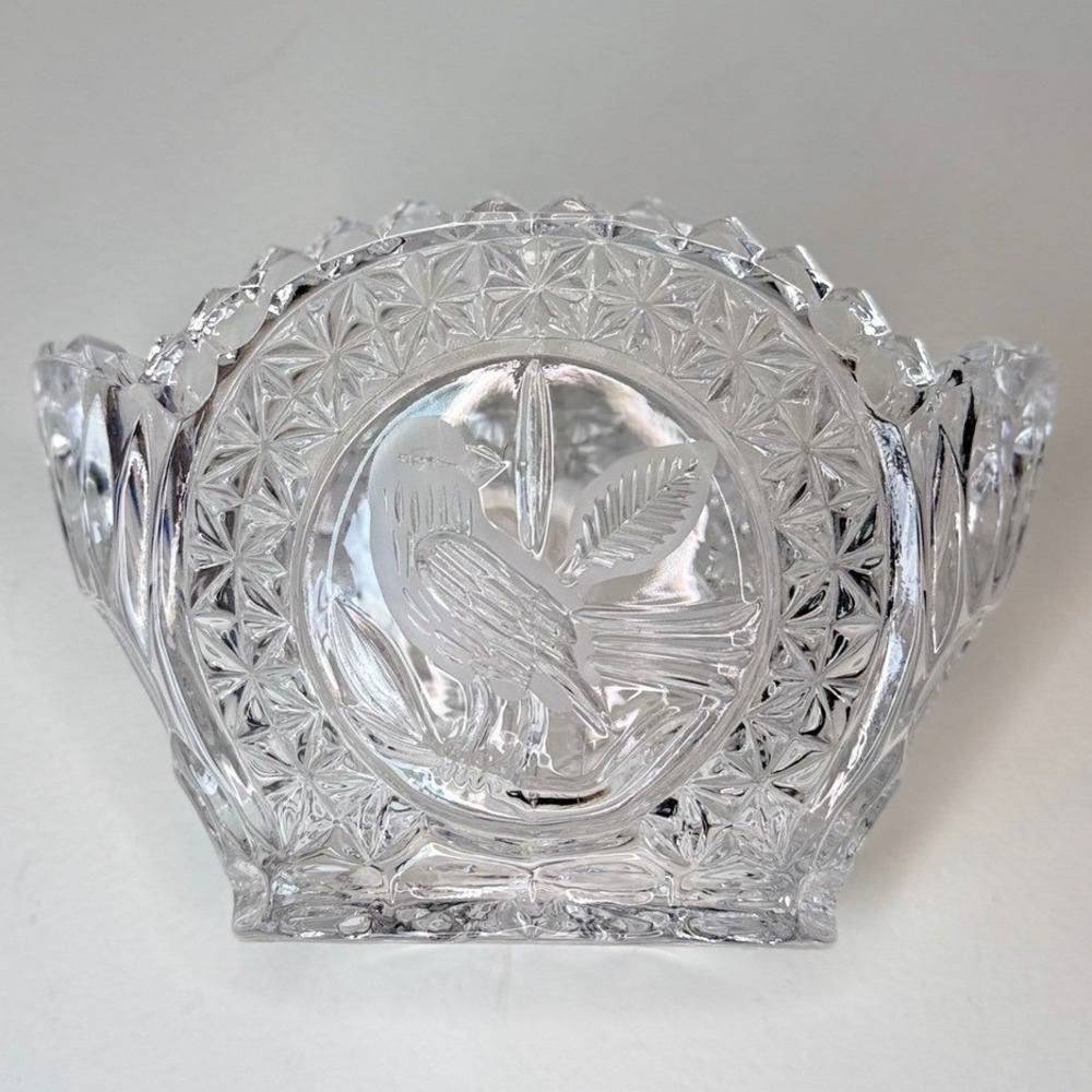 Vintage Crystal Glass Candy Dish Frosted Bird Medallion Scalloped Oval Bowl